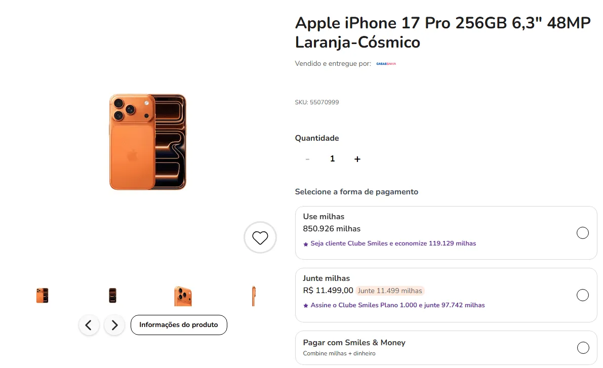 IPhone 17 com bônus: ganhe até 10 milhas por real no Shopping Smiles e Casas Bahia 1 IPhone 17 com bônus