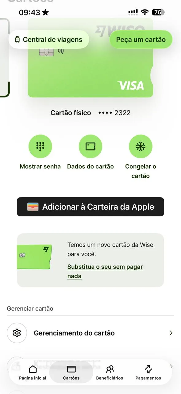 Trocar cartão Wise