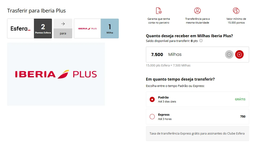 Transferência pontos Esfera para Iberia com bônus de até 30% 1 transferência pontos Esfera para Iberia com bônus