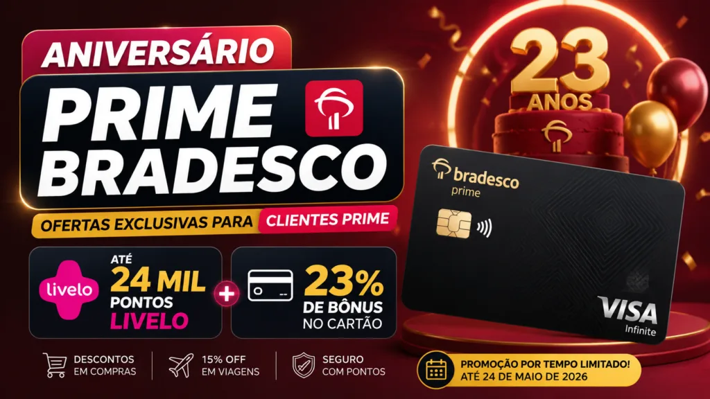 Aniversário Prime Bradesco: Ganhe Até 24 Mil Pontos Livelo e 23% de Bônus no Cartão 5 Aniversário Prime Bradesco