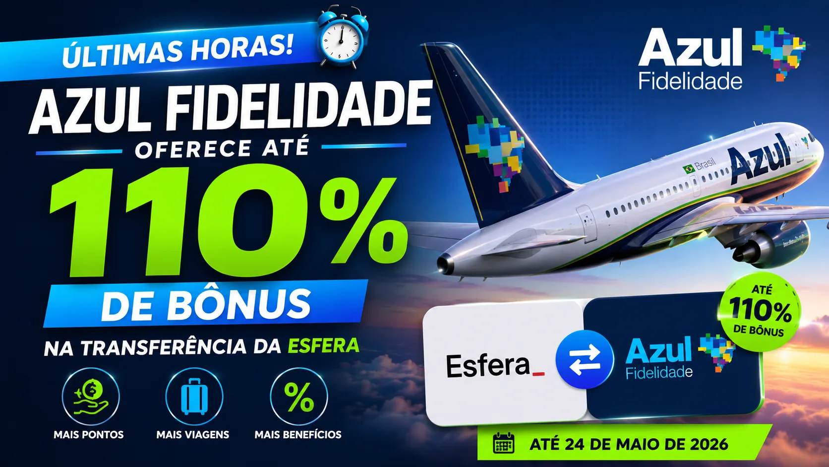 Azul Fidelidade oferece até 110% de bônus na transferência da Esfera