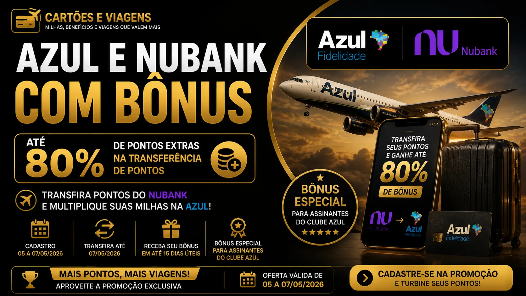 Azul e Nubank com bônus: até 80% extra na transferência de pontos