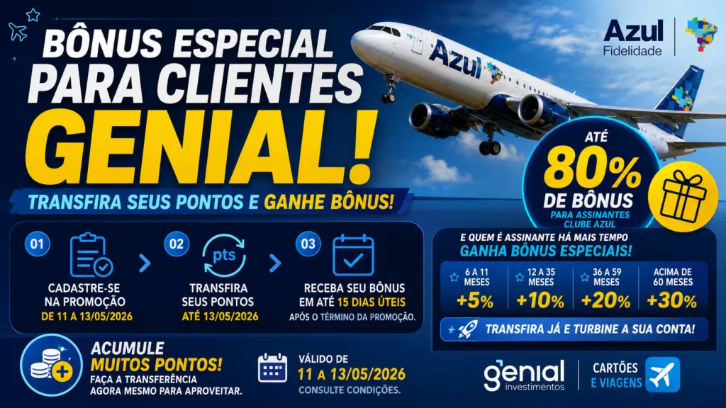 Bônus especial para Clientes Genial: transfira pontos e ganhe até 80% de bônus na Azul 8 Bônus especial para Clientes Genial