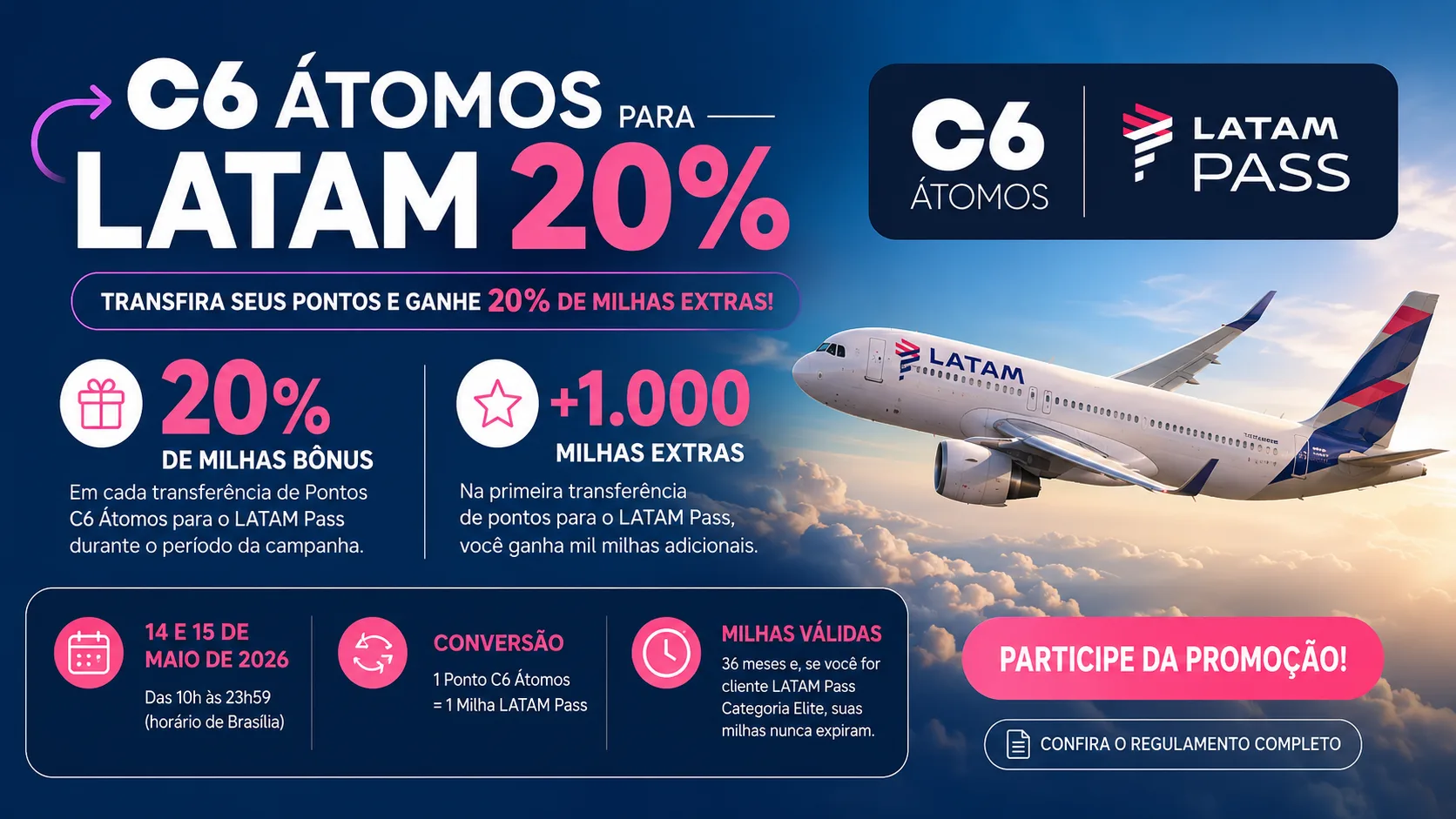 C6 Átomos para LATAM 20%: transfira pontos e ganhe até 21 mil milhas bônus