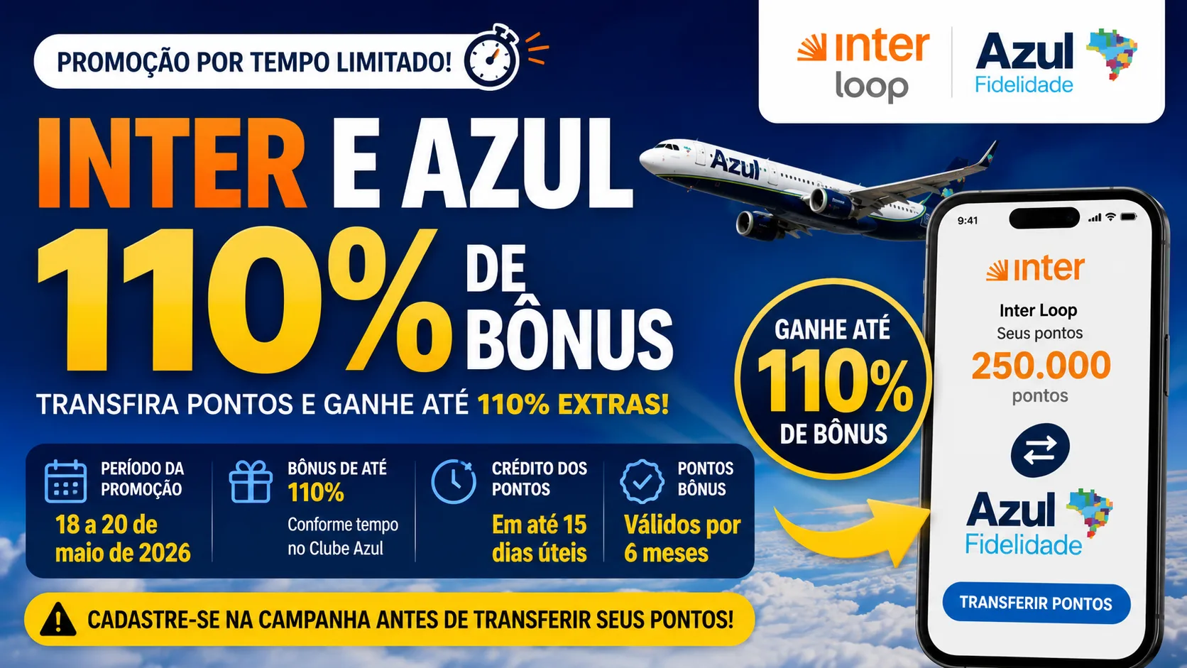 Inter e Azul 110% de bônus: transfira seus pontos e ganhe até 110% extras