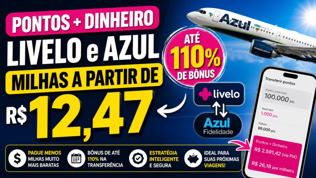 Pontos + Dinheiro Livelo e Azul: Como Gerar Milhas a Partir de R$ 12,47 (Até 110% de Bônus) 8 Pontos + Dinheiro Livelo e Azul