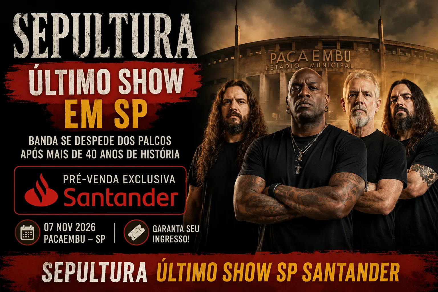 Sepultura último show SP Santander: banda anuncia despedida histórica no Pacaembu em 2026