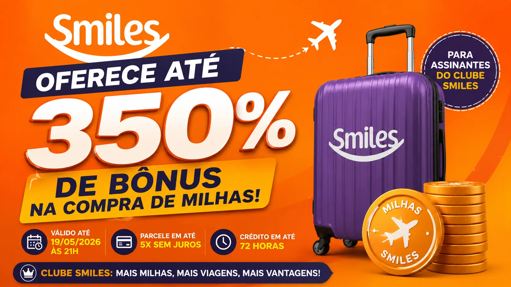 Smiles oferece até 350% de bônus na compra de milhas para assinantes do Clube