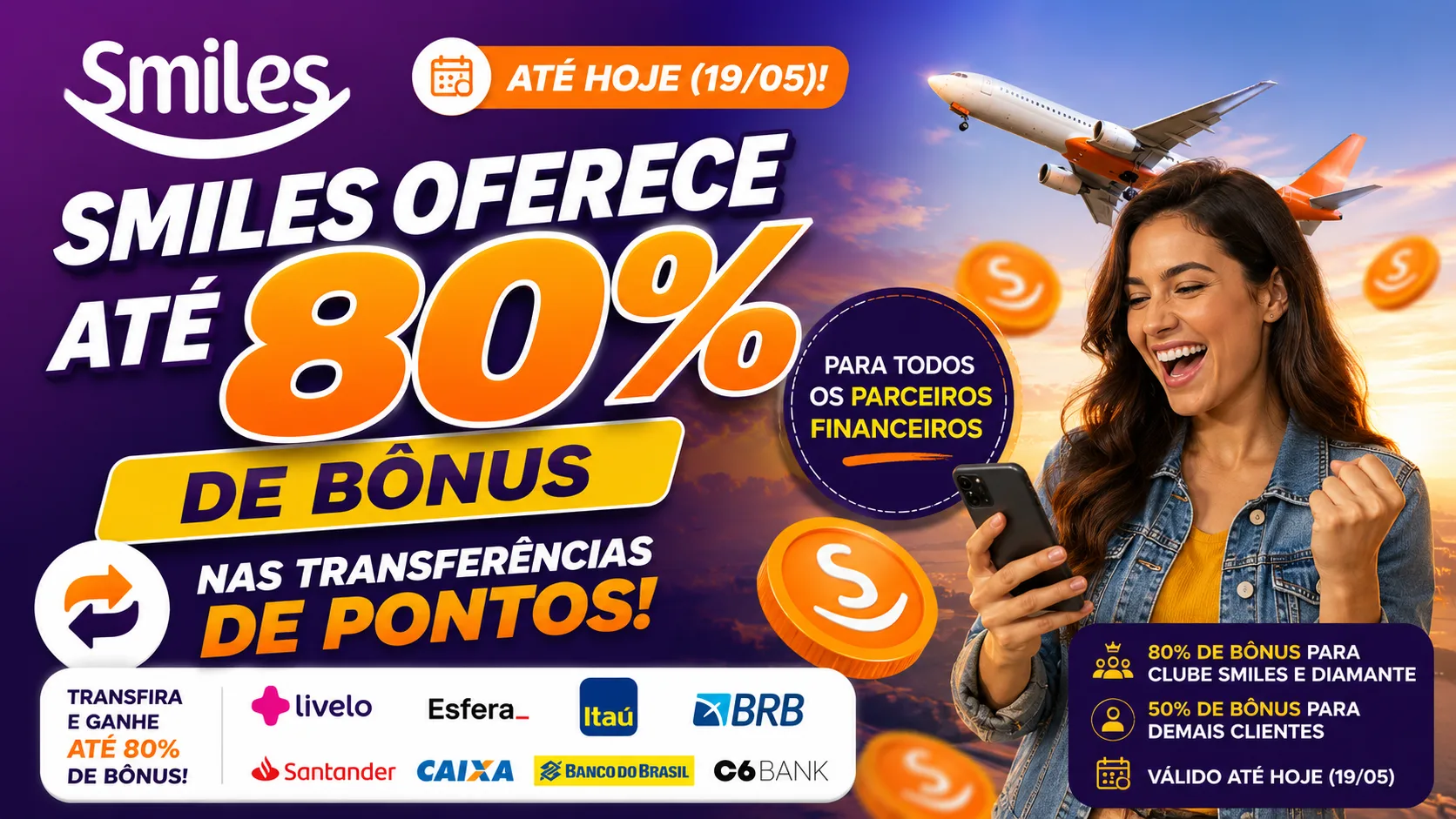 Smiles oferece até 80% de bônus nas transferências de pontos para parceiros financeiros