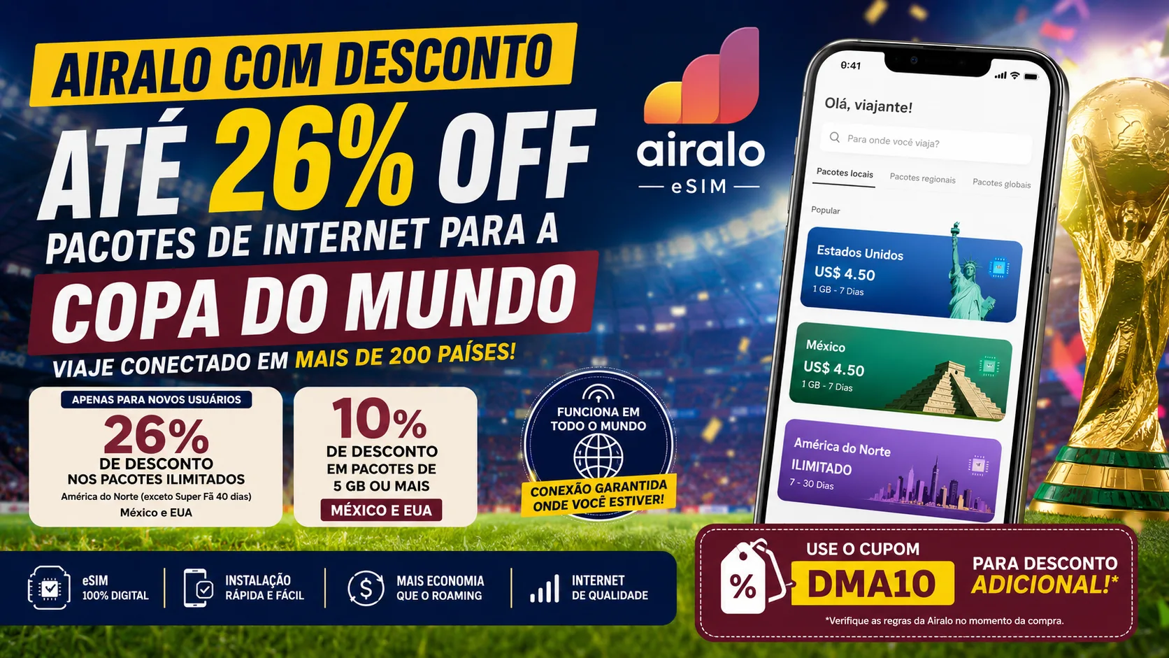 Airalo com Desconto: Ganhe Até 26% OFF nos Pacotes de Internet para a Copa do Mundo