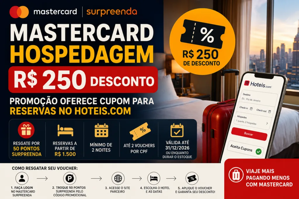 Mastercard hospedagem R$ 250 desconto: promoção oferece cupom para reservas no Hoteis.com 5 Mastercard hospedagem R$ 250 desconto