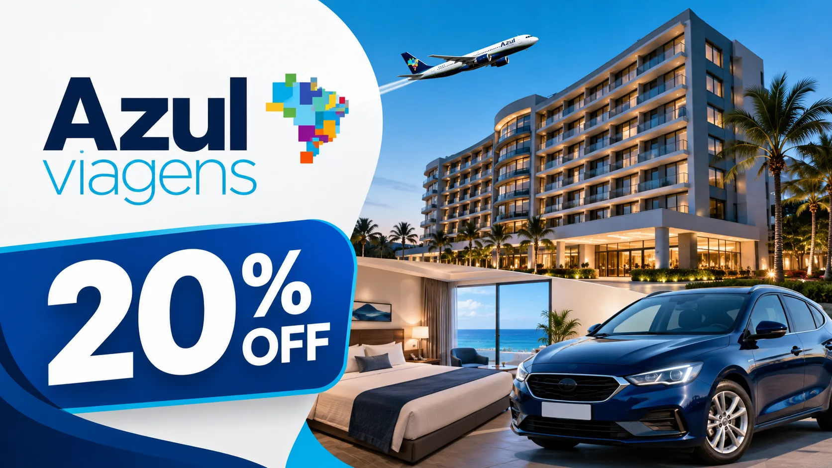 Azul 20% OFF: hotéis e aluguel de carros com desconto
