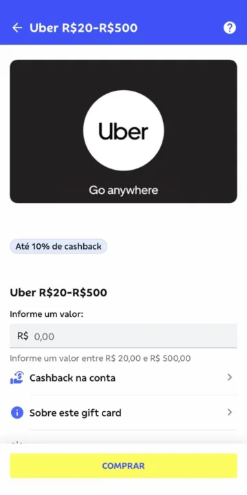 Cashback Uber 10% Cashback Uber 10%