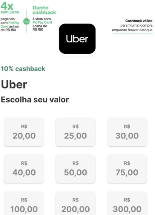 créditos Uber com cashback