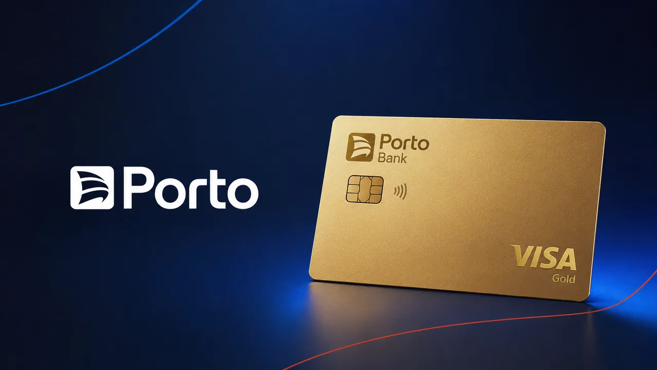 Cartão Porto Bank Visa Gold ao lado do logotipo da Porto