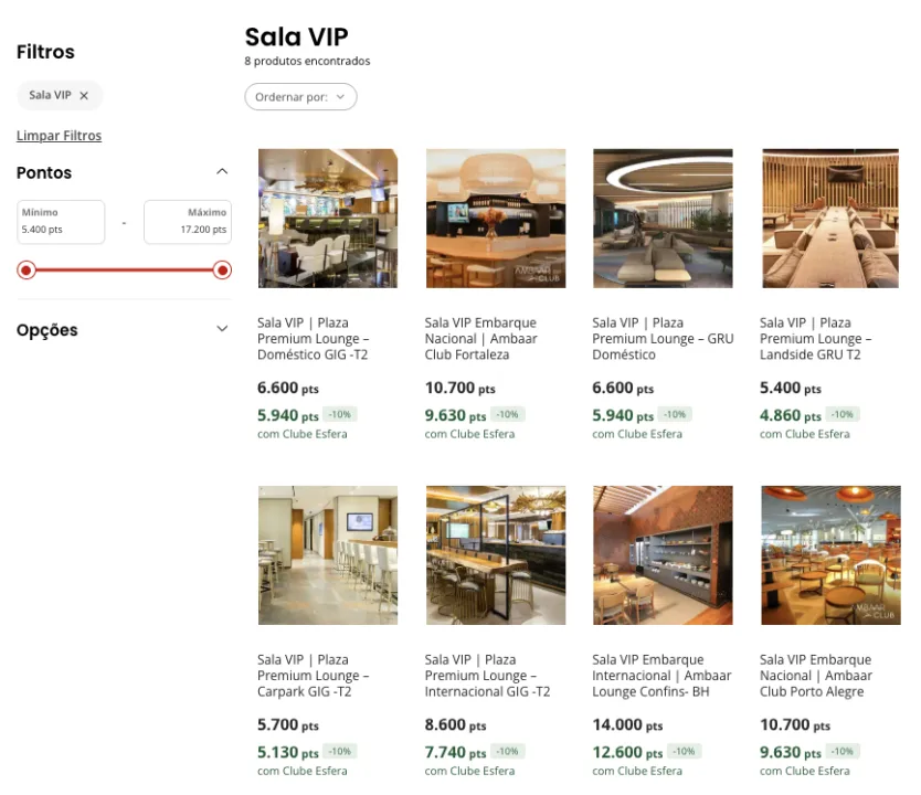 salas VIP com pontos Esfera