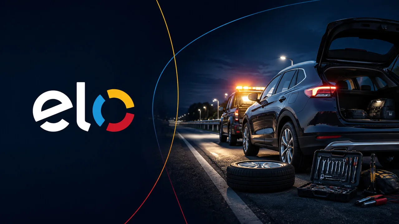Assistência Mobilidade Elo com carro, pneu, ferramentas e apoio rodoviário
