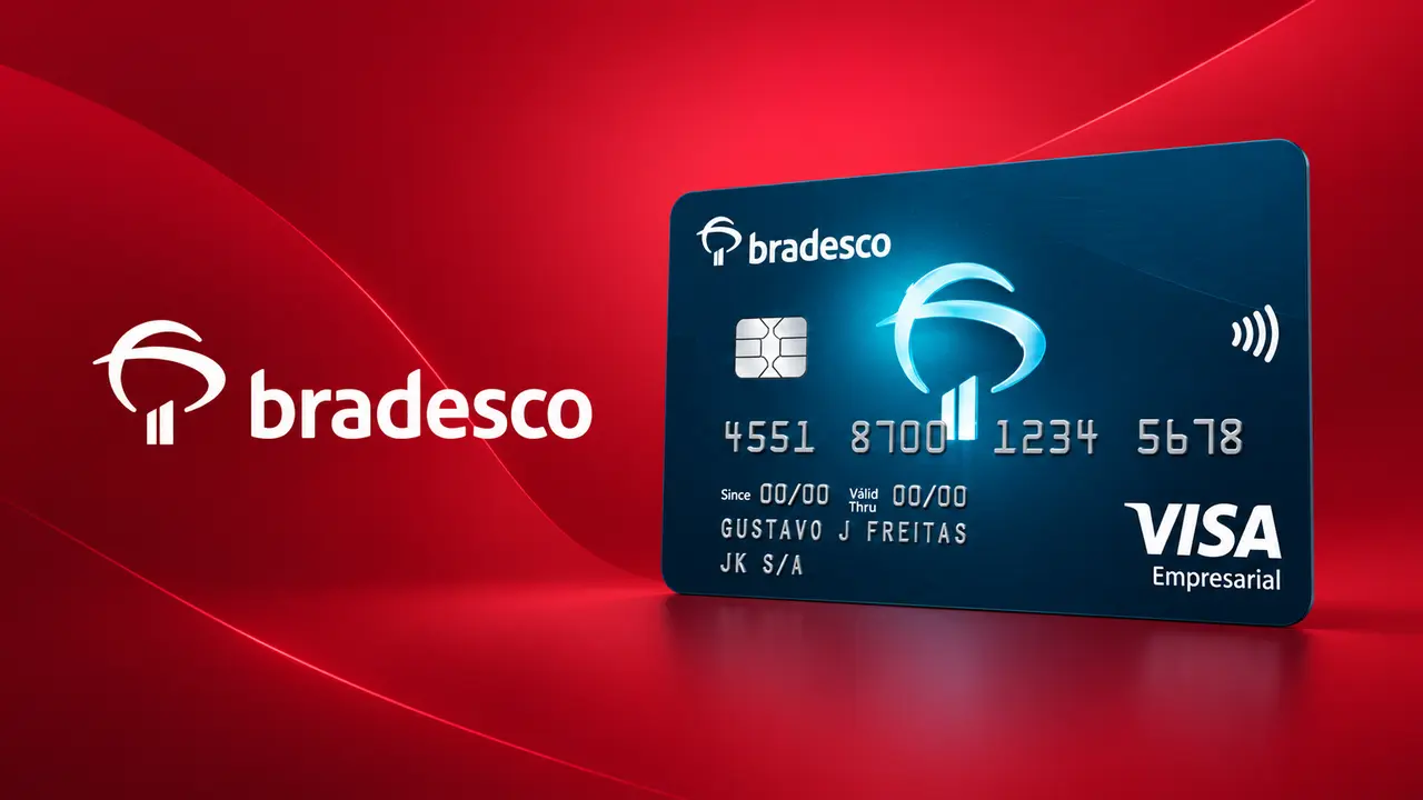 Capa do Cartão Bradesco Empresarial Visa Internacional com logo do Bradesco à esquerda e cartão à direita