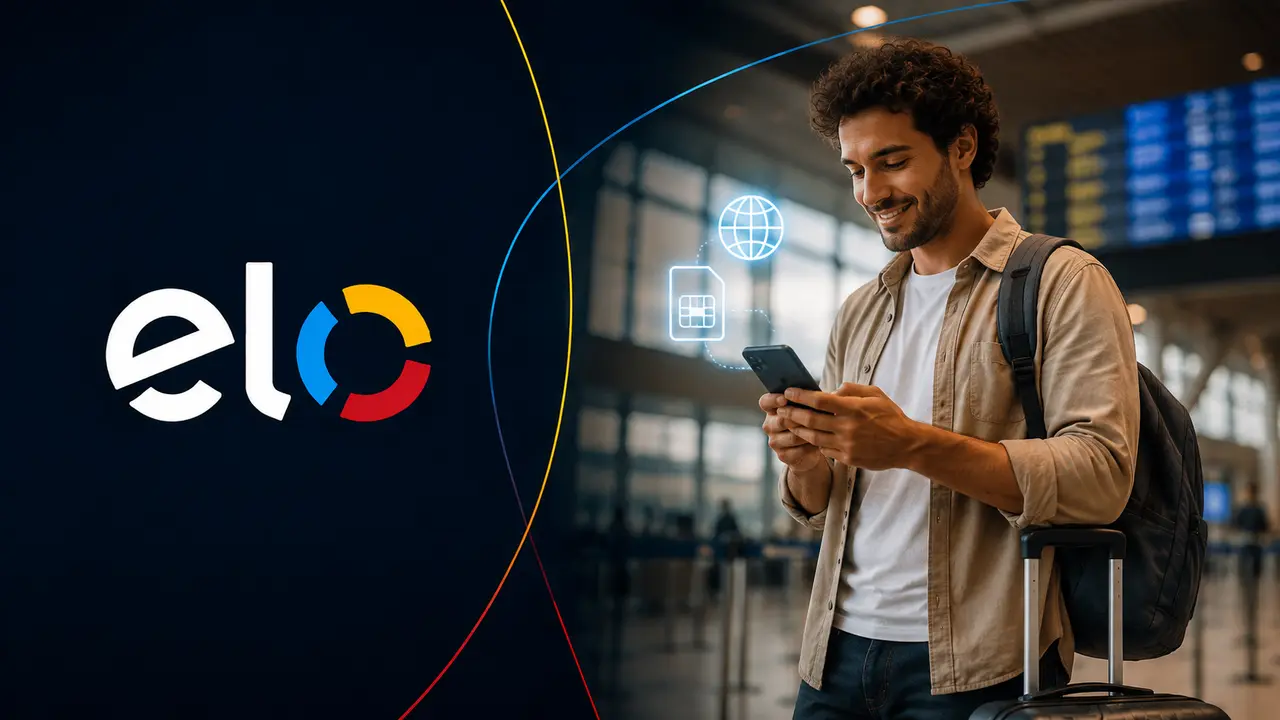 Chip de Viagem Internacional Elo: internet, ligações e como pedir 7 Chip de Viagem Internacional Elo com viajante usando celular no aeroporto