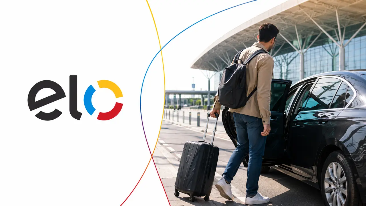 Deslocamento para Viagens Elo com passageiro, mala e carro no aeroporto