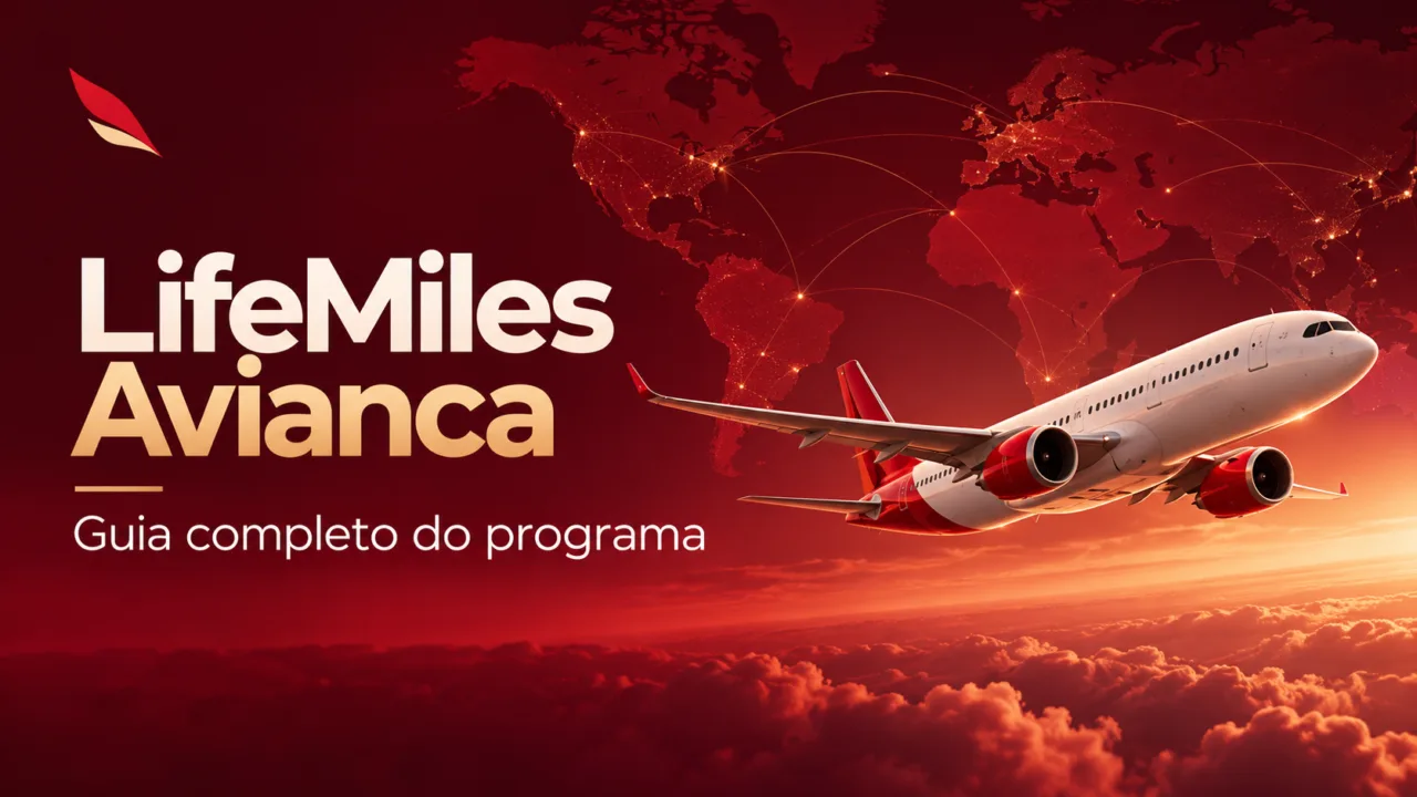 Capa do guia LifeMiles Avianca com avião, mapa-múndi e rotas aéreas