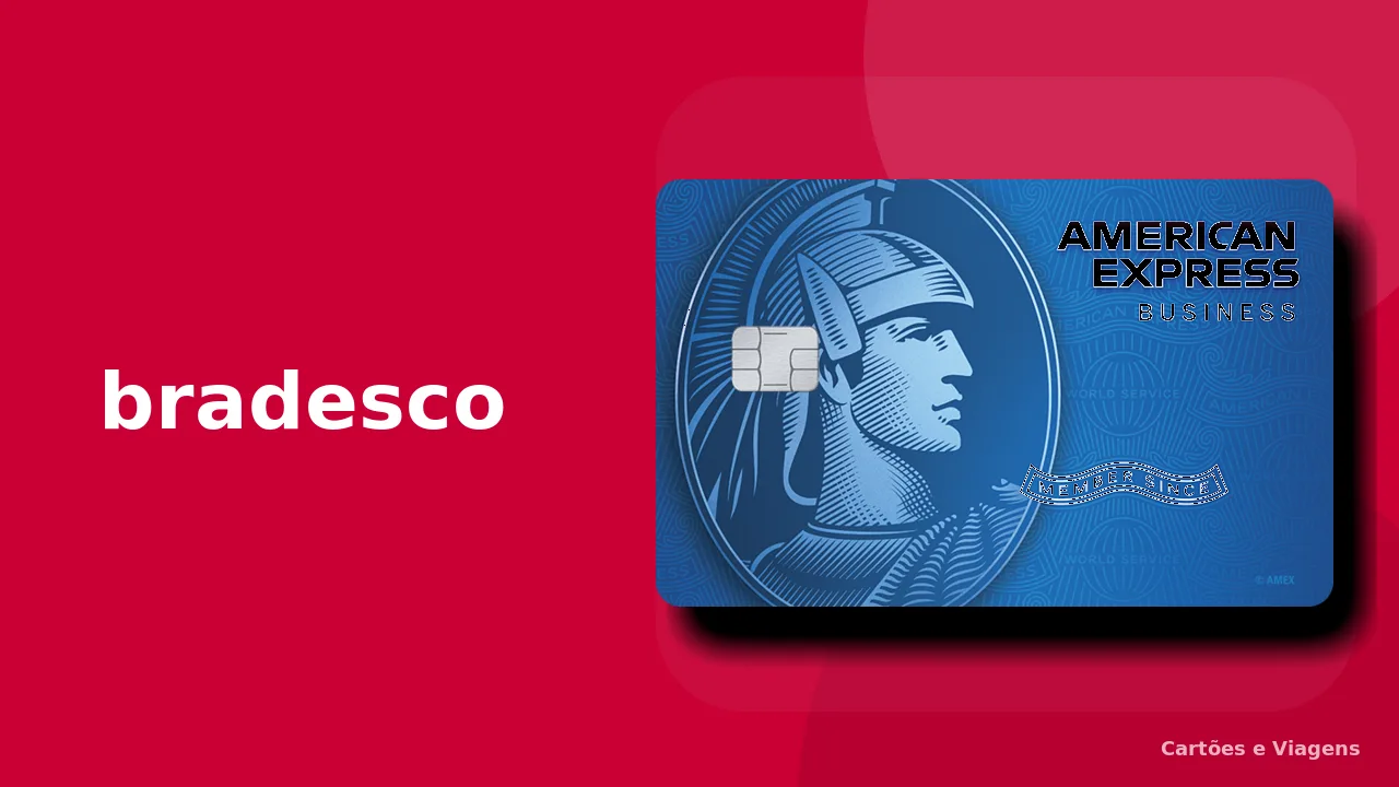 Capa do Cartão Bradesco American Express Business com logo do banco à esquerda e cartão de crédito à direita