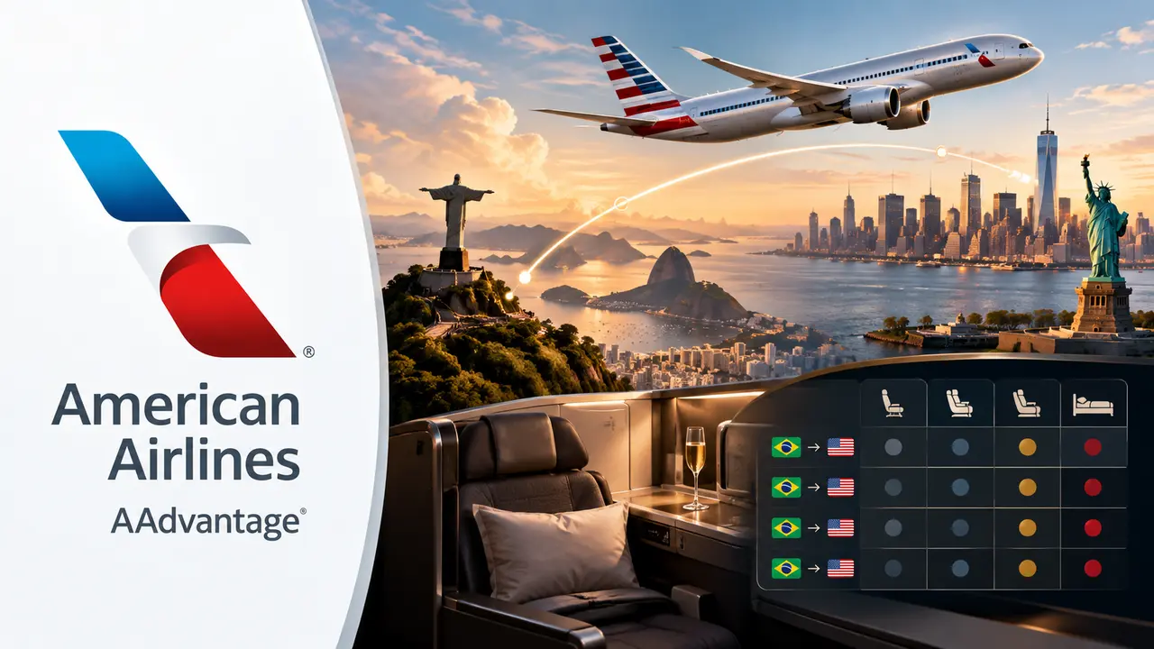 Tabela AAdvantage para o Brasil: regiões, cabines e resgates sem confusão 5 Logo American Airlines à esquerda e rota entre Brasil e América do Norte à direita, ilustrando a tabela AAdvantage