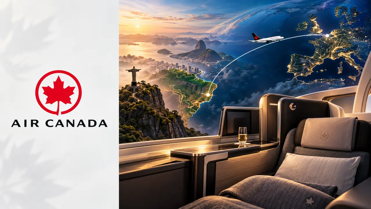 Tabela de resgate Aeroplan: como calcular voos saindo do Brasil 2 Logo Air Canada à esquerda e mapa de viagem entre Brasil e Europa à direita, ilustrando a tabela Aeroplan