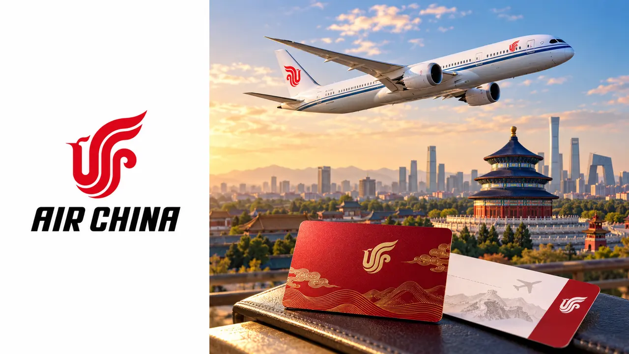 PhoenixMiles Air China: guia e resgates para brasileiros 3 Logo Air China à esquerda e avião sobre Pequim com cartão de fidelidade à direita, ilustrando o PhoenixMiles.