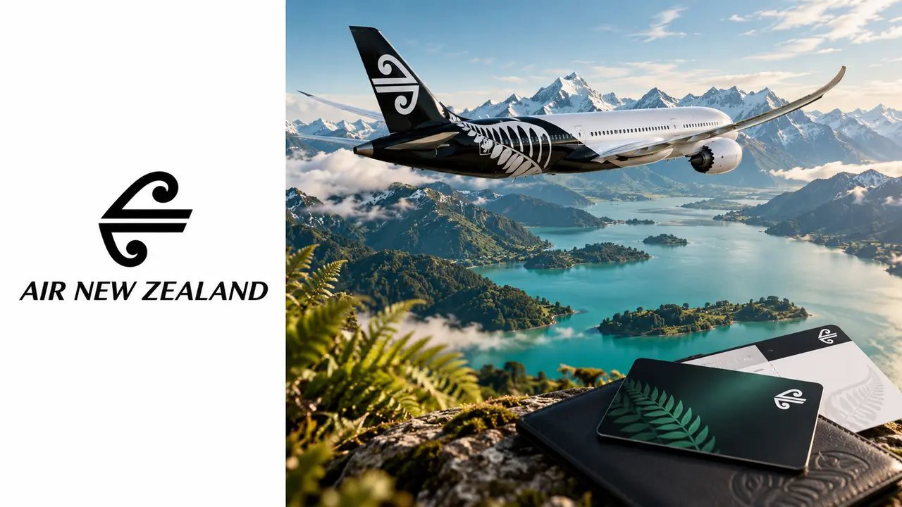 Koru Air New Zealand: guia e resgates para brasileiros 8 Logo Air New Zealand à esquerda e avião sobre lago e montanhas da Nova Zelândia à direita, ilustrando Koru e Airpoints.