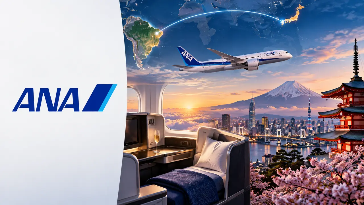 Tabela ANA para parceiros: guia completo para brasileiros 9 Logo da ANA à esquerda e avião, cabine executiva e paisagem japonesa à direita