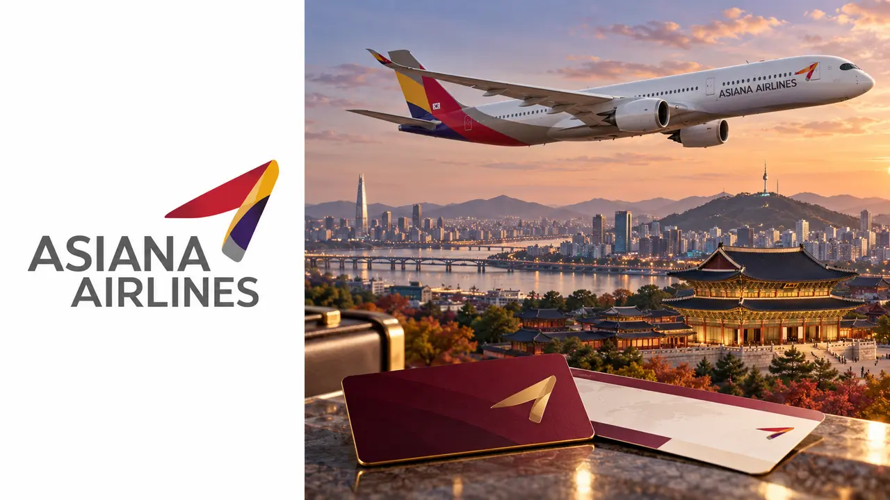 Logo Asiana Airlines à esquerda e avião sobre Seul com cartão de fidelidade à direita, ilustrando o Asiana Club.