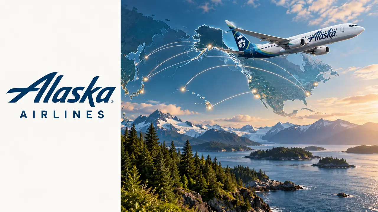 Logo da Alaska Airlines à esquerda e avião com rotas em um mapa à direita