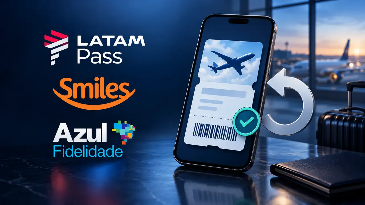 Como cancelar passagem emitida com milhas 2 Logotipos LATAM Pass, Smiles e Azul Fidelidade ao lado de passagem aérea com símbolo de cancelamento