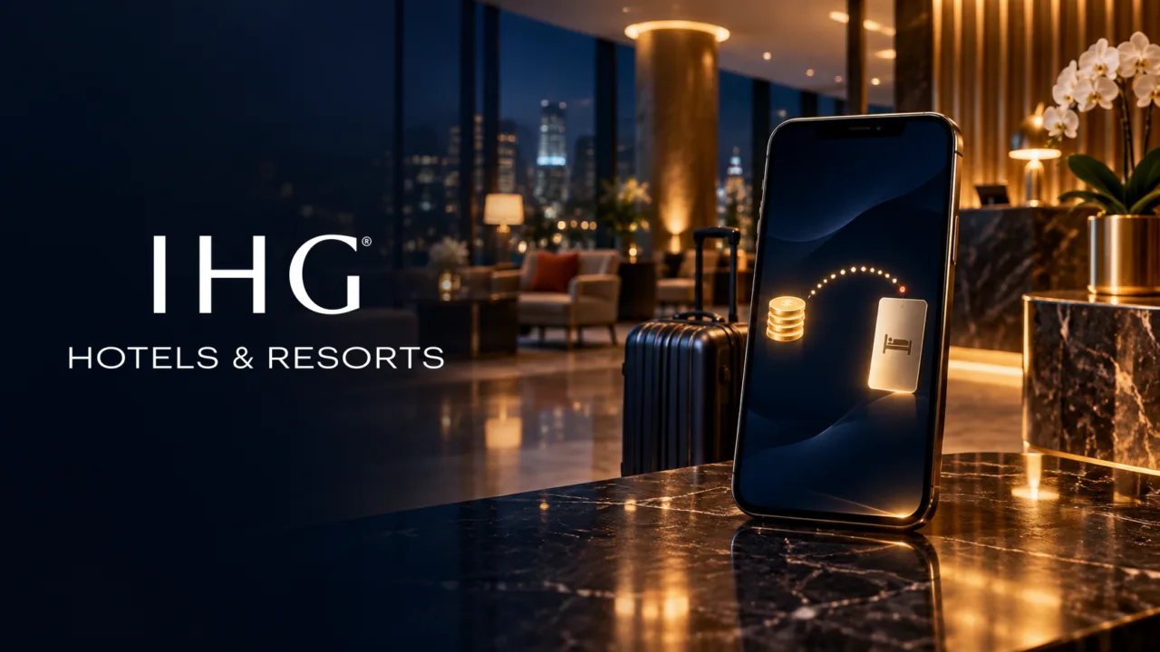 Como transferir pontos para o IHG One Rewards: Livelo, Esfera e quando vale a pena 3 Capa editorial com logo IHG Hotels & Resorts grande à esquerda: IHG Hotels & Resorts — transferência de pontos