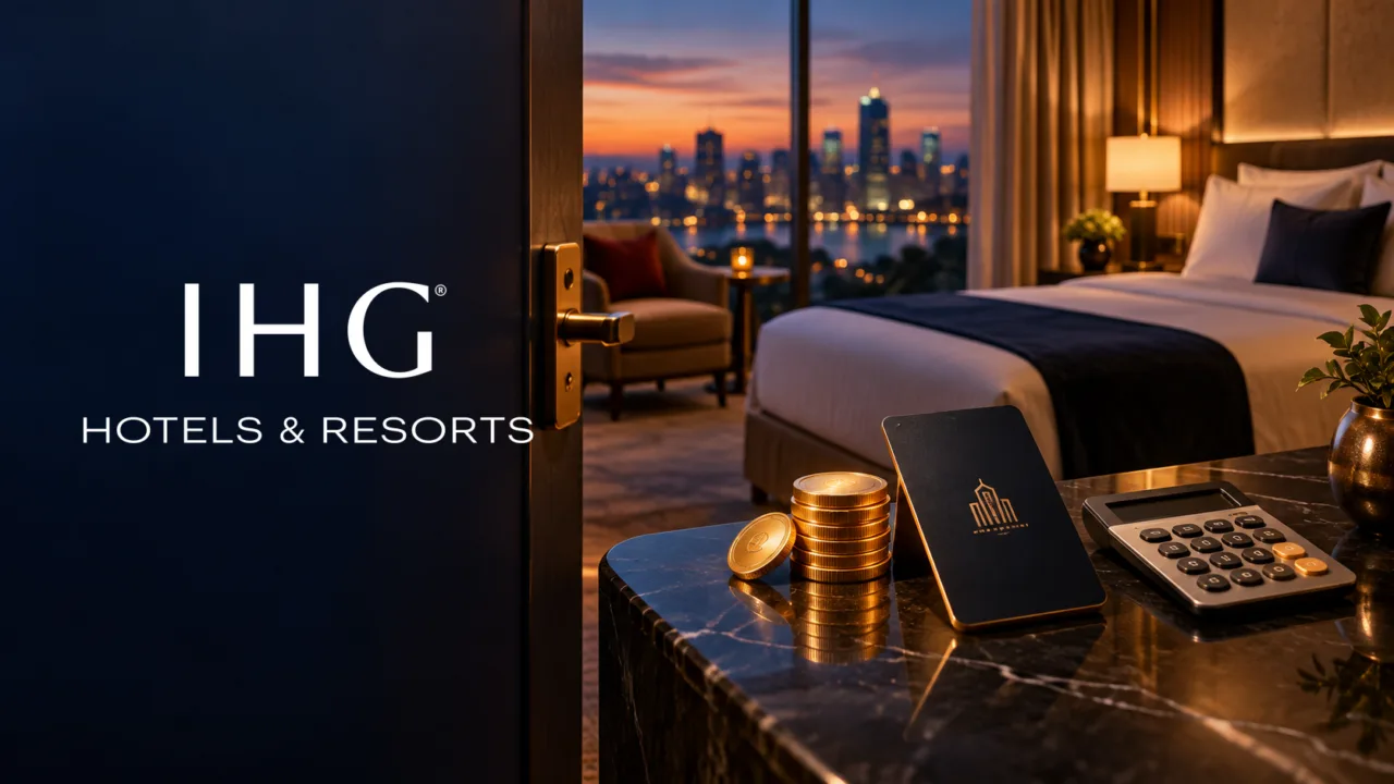 Capa editorial com logo IHG Hotels & Resorts grande à esquerda: IHG Hotels & Resorts — uso de pontos