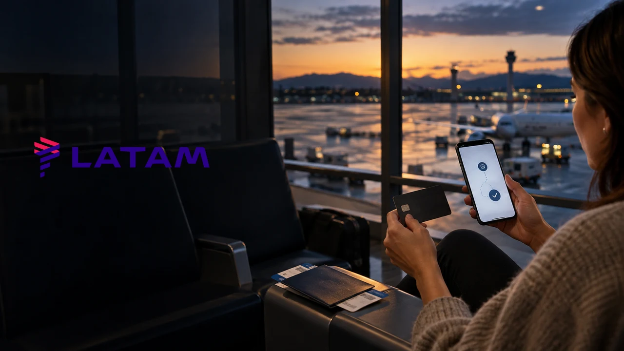 Como transferir pontos para LATAM Pass: parceiros, bônus e passo a passo 9 Pessoa confirma transferência de pontos no celular em sala de embarque, capa do guia para transferir pontos ao LATAM Pass.