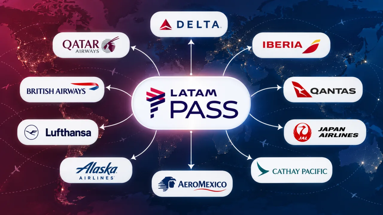 LATAM Pass conectada às companhias aéreas parceiras por rotas e setas