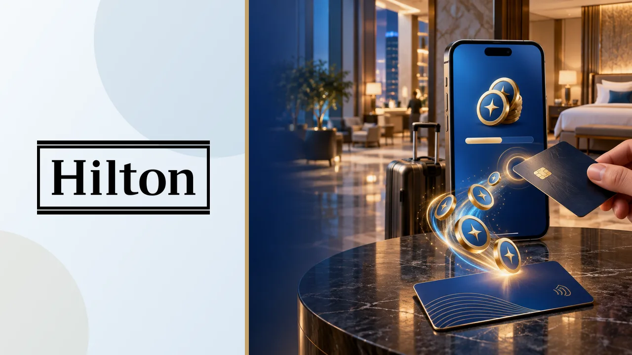 Comprar pontos Hilton Honors vale a pena? Como calcular, exemplos e regras 7 Logo Hilton à esquerda e celular com compra de pontos para hospedagem à direita