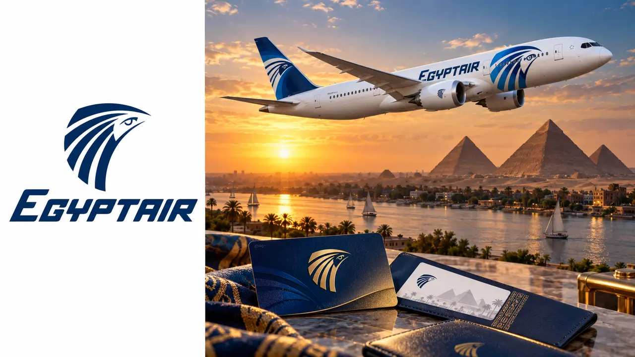 EGYPTAIR Plus: como acumular milhas e planejar resgates 1 Logo EGYPTAIR à esquerda e avião com paisagem do Egito à direita, ilustrando o programa EGYPTAIR Plus