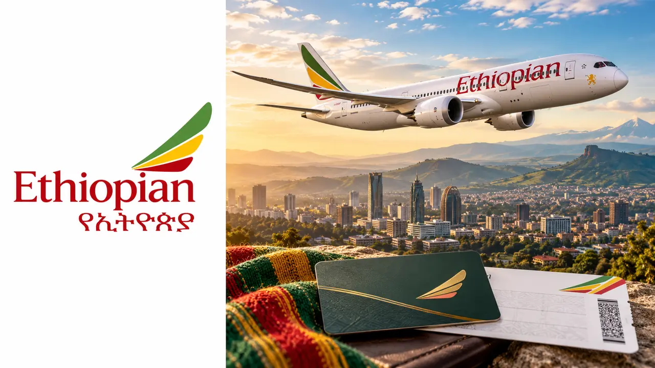 Logo Ethiopian Airlines à esquerda e avião sobre paisagem africana à direita, ilustrando o ShebaMiles