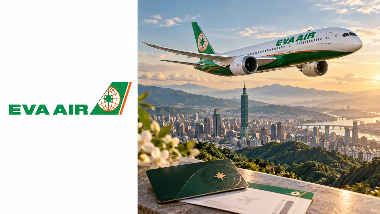 Logo EVA Air à esquerda e avião com paisagem de Taiwan à direita, capa do guia Infinity MileageLands
