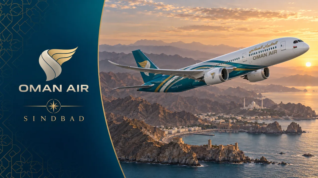 Sindbad Oman Air: guia completo de milhas para brasileiros 8 Logo da Oman Air e do programa Sindbad ao lado de um avião da companhia sobre Mascate