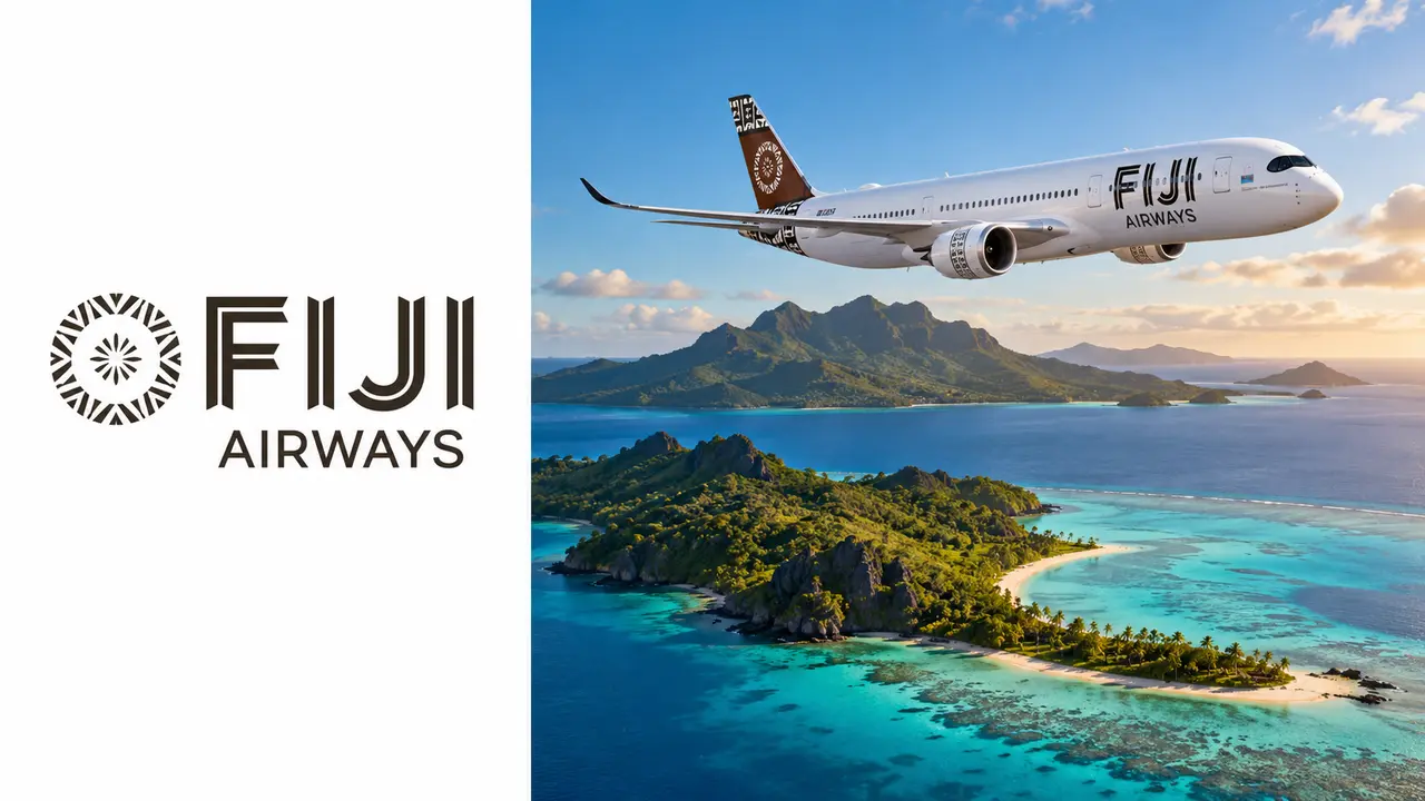 Logo Fiji Airways à esquerda e ilhas tropicais à direita, ilustrando Tabua Club e viagens ao Pacífico