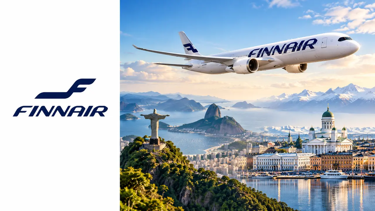 Logo da Finnair à esquerda e avião com paisagens do Brasil e Finlândia à direita