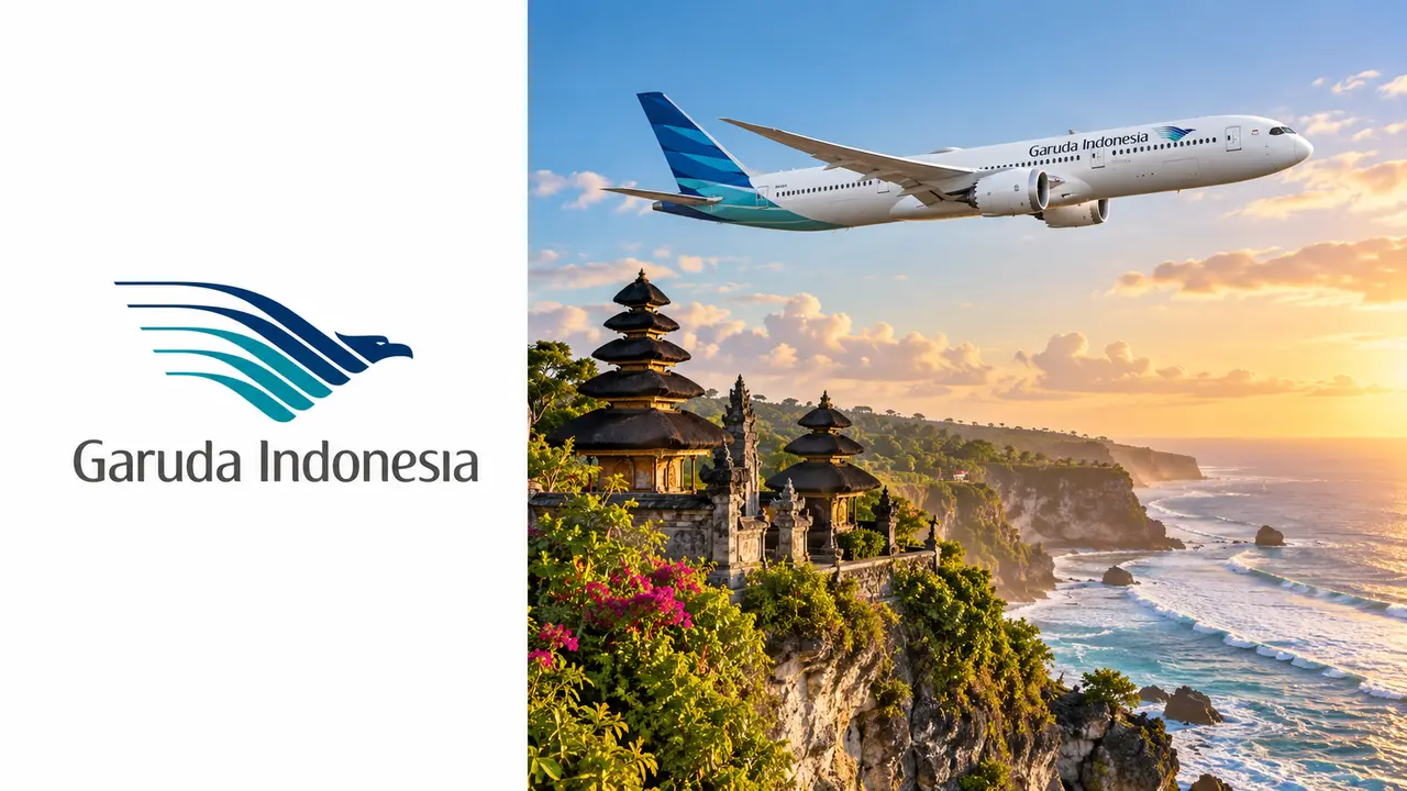 GarudaMiles Garuda Indonesia: guia e resgates para brasileiros 4 Logo Garuda Indonesia à esquerda e avião com templo costeiro de Bali à direita, capa GarudaMiles