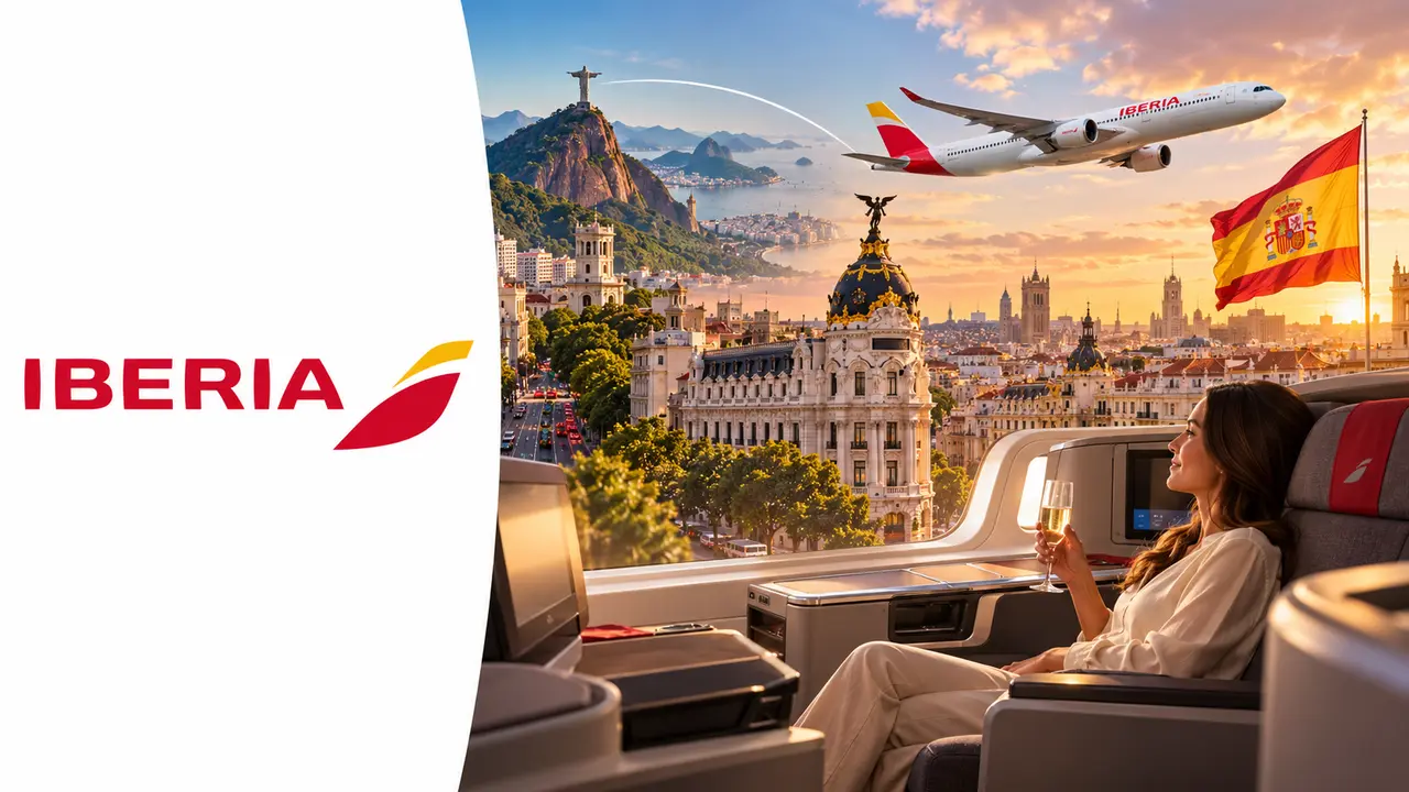 Tabela de resgate Iberia Club: Avios por cabine para Brasil–Madrid 5 Logo da Iberia à esquerda e avião com paisagem de Madri e cabine executiva à direita
