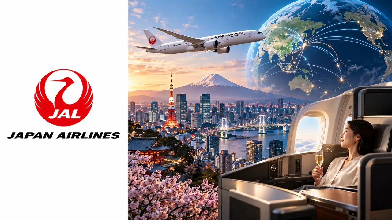 Tabela JAL Mileage Bank: parceiros e resgates saindo do Brasil 6 Logo da Japan Airlines à esquerda e imagem de viagem para ilustrar as tabelas de resgate JAL Mileage Bank à direita.