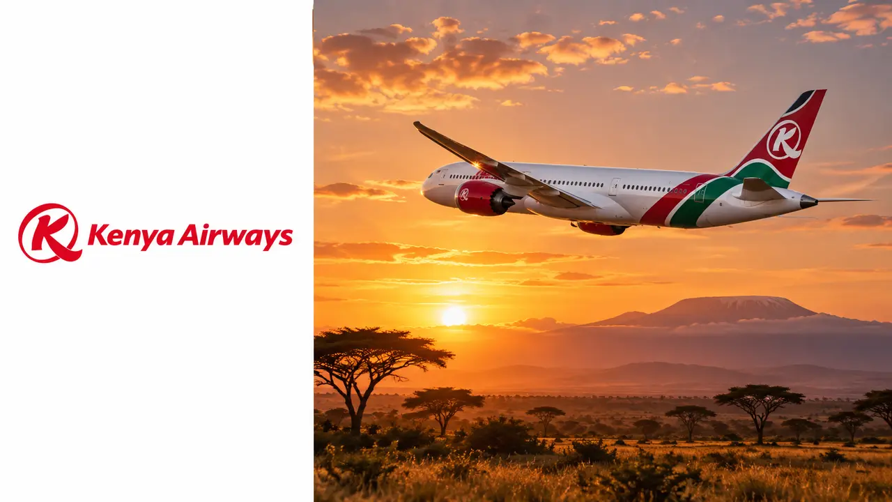 Logo Kenya Airways à esquerda e avião sobre savana ao pôr do sol à direita, capa Asante Rewards