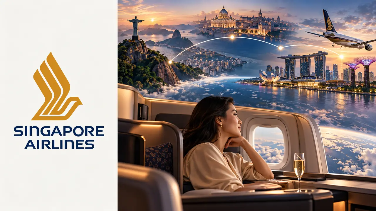 Logo da Singapore Airlines à esquerda e cabine premium com paisagens do Brasil, Europa e Singapura à direita